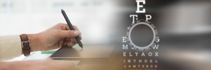 Snellen chart over a woman using graphics tablet, technology and corporate concepts