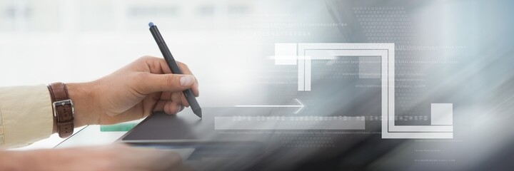 Fototapeta premium Blueprint and processing over a woman using graphics tablet, technology and corporate concepts