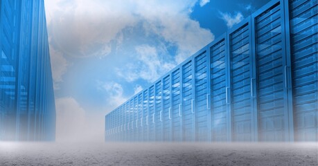 Multiple computer servers over blue sky background, data processing and technology concepts