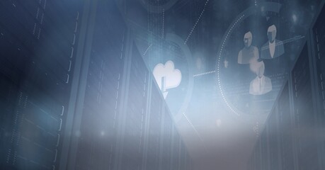 Profile and cloud icons over computer servers, data processing and technology concepts