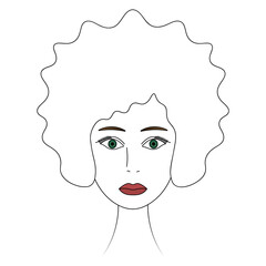 Womans face. African American lady. Sketch. Head of a girl with green eyes. Vector illustration. Lush Afro hairstyle. Full lips, painted with lipstick. Outline on an isolated white background. 