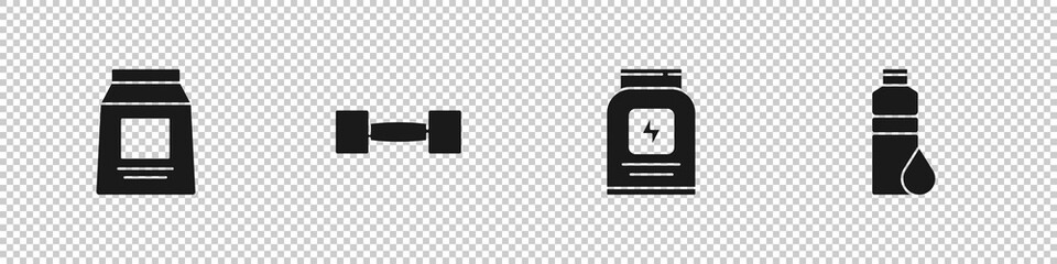 Set Sports nutrition, Dumbbell, and Fitness shaker icon. Vector