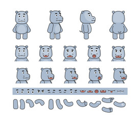 Cute hippopotamus character creation kit. Create your own action, animation, pose. Modern vector illustration