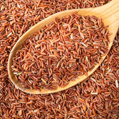 raw red rice in wooden spoon closeup