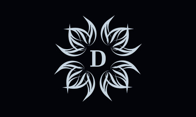 Vintage exquisite floral monogram with the letter D as a sign of business, boutique, shop, cafe, hotel, etc. Gray sign on a dark background