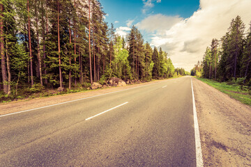 Rural road passing through the forest. View from the side of the road