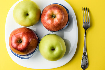 Red and yellow apples, wrapped with a centimeter tape on a white plate, on a yellow background, next to one fork. Healthy food, calorie content. Selective focus. Top and side view.