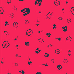 Set Medieval axe, iron helmet, shield with sword and flag on seamless pattern. Vector