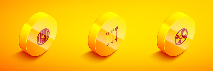 Set Isometric Round wooden shield, Crossed arrows and icon. Vector