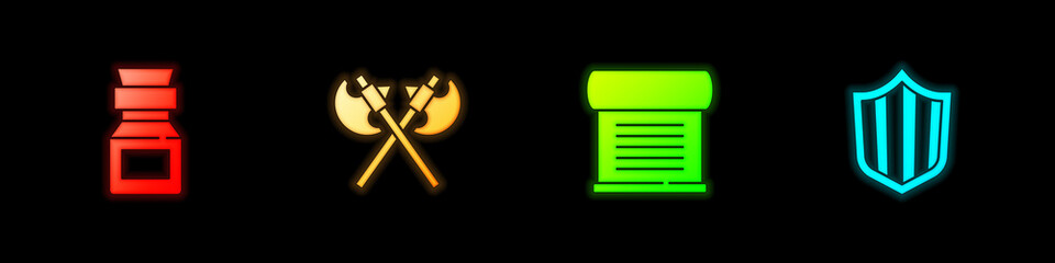 Set Poison in bottle, Crossed medieval axes, Decree, parchment, scroll and Shield icon. Vector