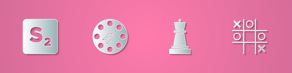 Set paper cut Bingo, Twister game, Chess and Tic tac toe icon. Paper art style. Vector