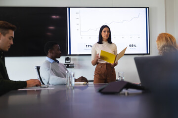 Indian woman giving a presentation to her office colleagues in meeting room at office