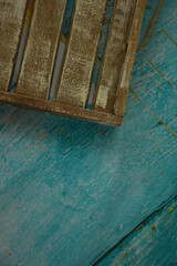 retro wooden tray on blue background