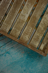 retro wooden tray on blue background