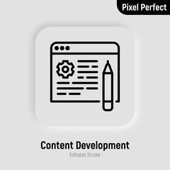 Content development thin line icon. SEO, website optimization, internet marketing. Pixel perfect, editable stroke. Vector illustration.