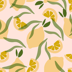Lemon fruits on the abstract seamless pattern, vactor hand drawn lemons, slice