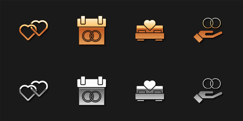 Set Two Linked Hearts, Calendar, Bedroom and Wedding rings icon. Vector
