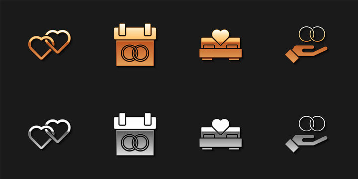 Set Two Linked Hearts, Calendar, Bedroom and Wedding rings icon. Vector