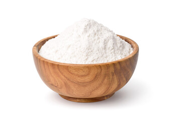 White flour in wooden bowl isolated on white background. Clipping path.