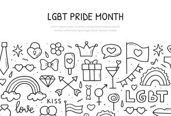 LGBT pride month. Web banner template. Vector hand drawn illustration. Doodle sketch style.