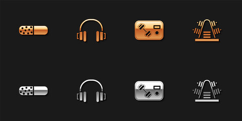 Set Vitamin pill, Headphones, Fitness club, gym card and Metal rack with weights icon. Vector