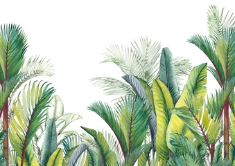  Green tropical palm leaves scenery. Watercolor and graphic illustration. © JeannaDraw