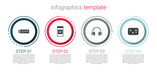 Set Location gym, Anabolic drugs, Headphones and Fitness club, card. Business infographic template. Vector