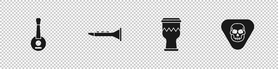 Set Banjo, Clarinet, Drum and Guitar pick icon. Vector