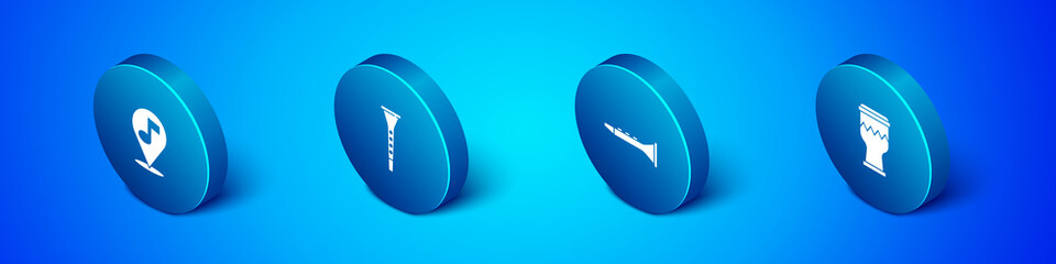 Set Isometric Location musical note, Clarinet, Drum and icon. Vector