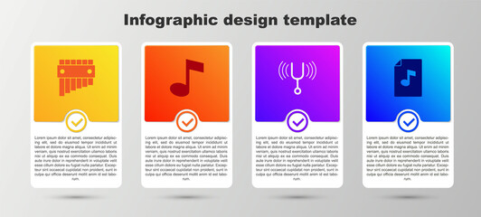 Set Pan flute, Music note, tone, Musical tuning fork and book with. Business infographic template. Vector