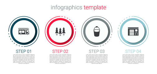 Set Fire truck, Forest, bucket and Building of fire station. Business infographic template. Vector