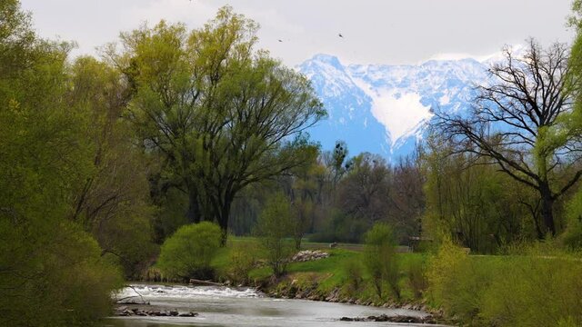 Der Fluss Ammer im Fr&uuml;hjahr mit schneebedeckten Bergen im Hintergrund und fliegenden Schwalben