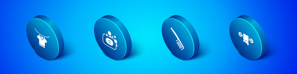 Set Isometric Drying clothes, Hairbrush, Toilet paper roll and Bar of soap icon. Vector