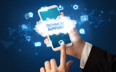 Hand using smartphone with cloud technology concept