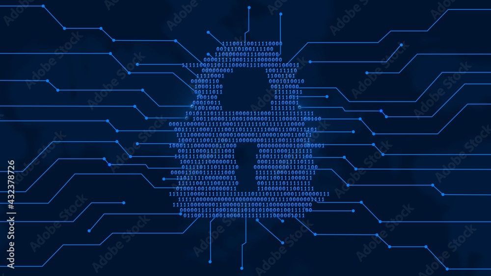 Poster safety technology concept - closed padlock stylized built of binary code between information connect