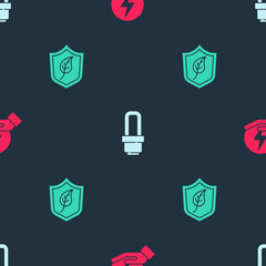Set Lightning bolt, LED light bulb and Shield with leaf on seamless pattern. Vector