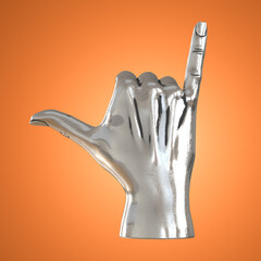 Decorative silvery hand with extended thumb and little finger on an orange background. Back view. 3d rendering
