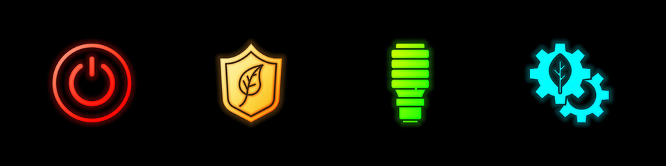 Set Power button, Shield with leaf, LED light bulb and Leaf plant in gear machine icon. Vector