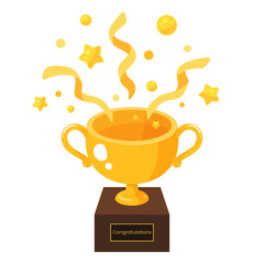 かわいいトロフィーのイラスト_斜め上_金_飛び出すリボン