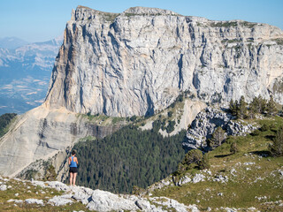 Hiker near the Mont-Aguille in the french Vercors National Park