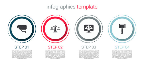 Set Security camera, Scales of justice, and Judge gavel. Business infographic template. Vector