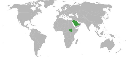 South sudan, saudi arabia highlighted on world map. Political map backgrounds.