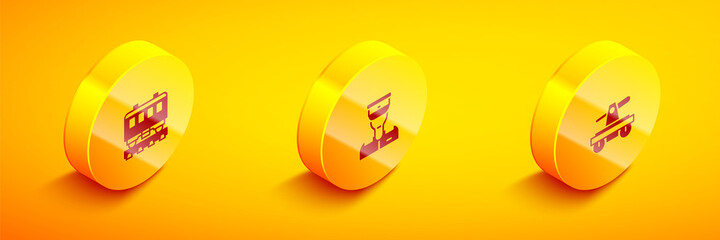 Set Isometric Passenger train cars, Train conductor and Draisine handcar icon. Vector