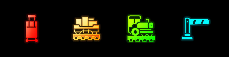 Set Suitcase, Cargo train wagon, Vintage locomotive and Railway barrier icon. Vector