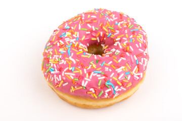 Fresh made Donuts isolated on white background. Doughnuts are traditional sweet pastries. Copy space for text.