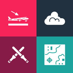 Set pop art World travel map, Marshalling wands, Cloud weather and Plane landing icon. Vector