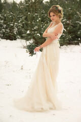Fototapeta na wymiar beautiful girl with flowers in her hair in winter, bride, portrait