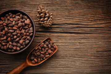 Siberian pine nuts and needles branch on a wooden table with a place for your text