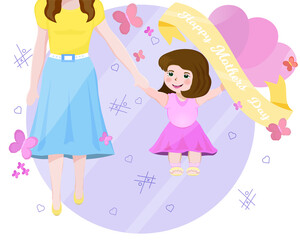 Mother and daughter. White background. Woman and child. Mother's Day is an international holiday. Cartoon.Isolated.Flat illustration.Vector.Blue circle.Concept