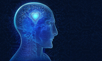 Creative concept related to the brain implants technology.  Abstract image featuring an embedded heart-shaped chip in the human brain. 3D illustration in wireframe style isolated on a dark background 
